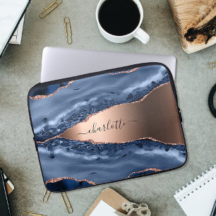 Funda Para Portátil Guión de nombre dorado del rosa de mármol azul