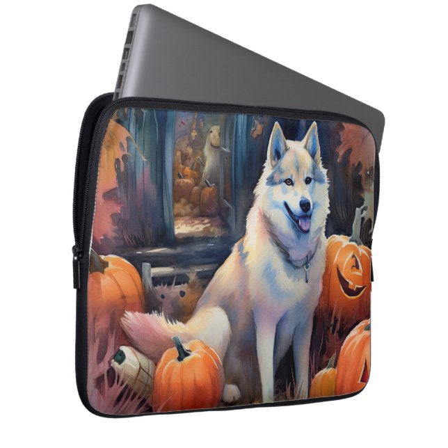 Funda Para Portátil Halloween Alaskan Malamute con calabazas aterrador (Anverso derecho)