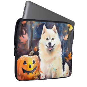 Funda Para Portátil Halloween American Akita con calabazas aterradoras