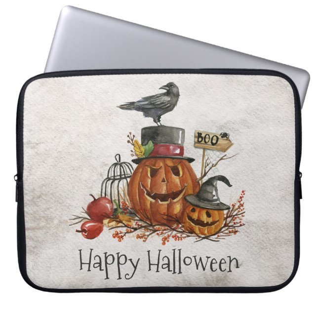 Funda Para Portátil Halloween Black Bird and Pumpkins Laptop Sleeve (Frente)