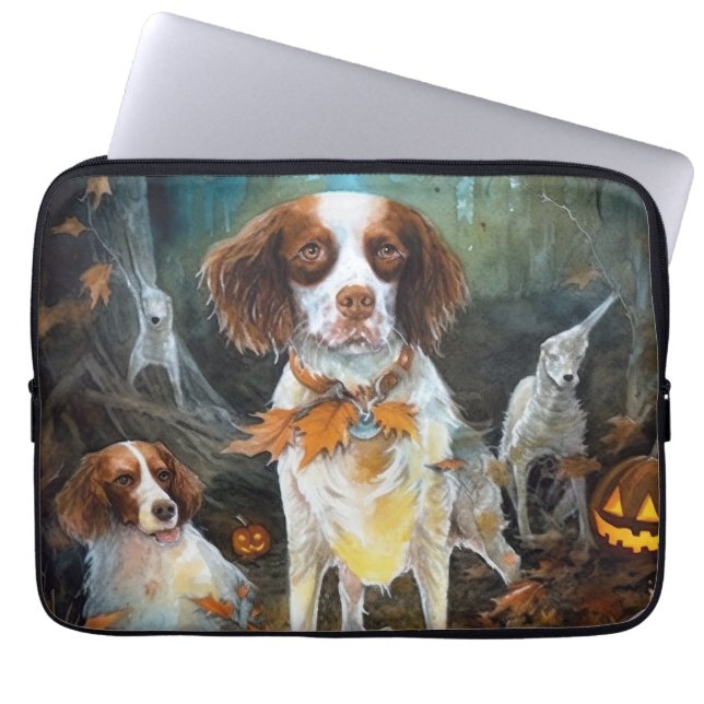 Funda Para Portátil Halloween Brittany Spaniel con calabazas aterrador (Frente)