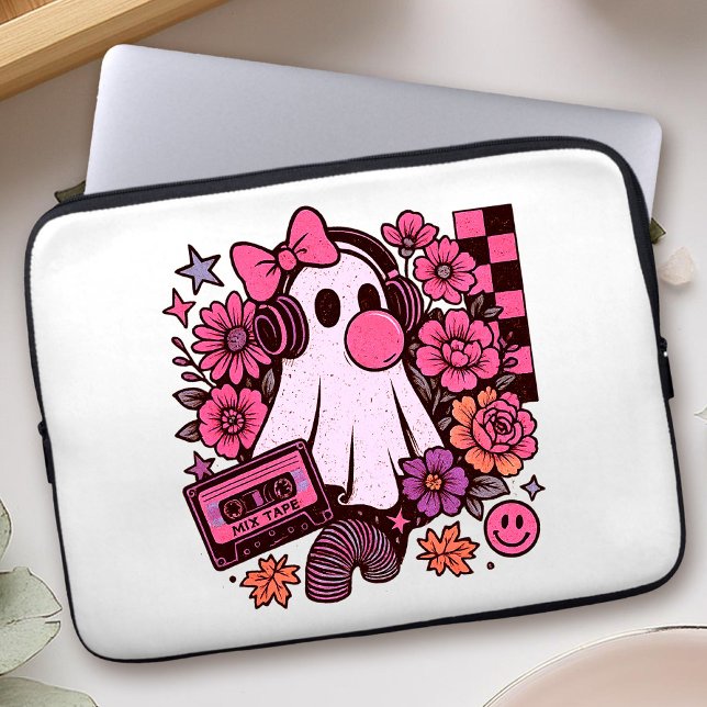 Funda Para Portátil Halloween, Chica de Fantasma Retro Estética Bubble (This ghost girl design mixes 90s aesthetic nostalgia with playful Halloween charm.)