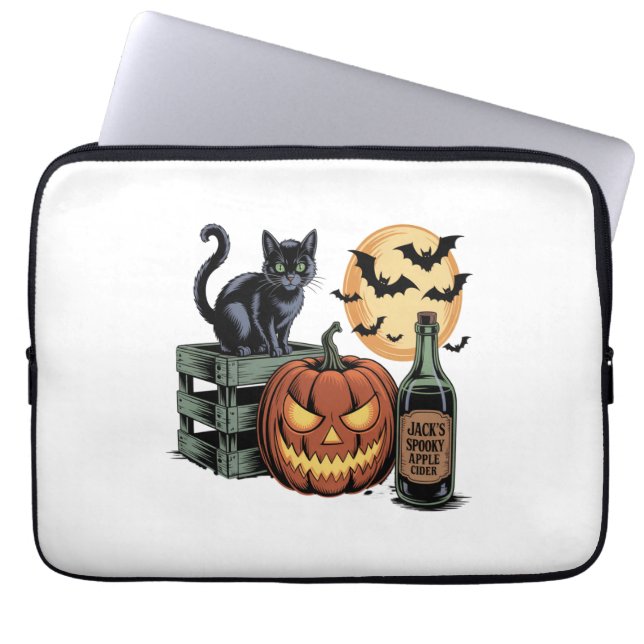 Funda Para Portátil Halloween de cerveza de gato de calabaza (Frente)