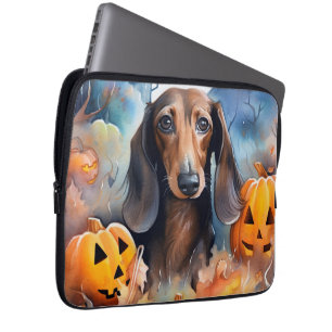 Funda Para Portátil Halloween de Dachshund con calabazas aterradoras