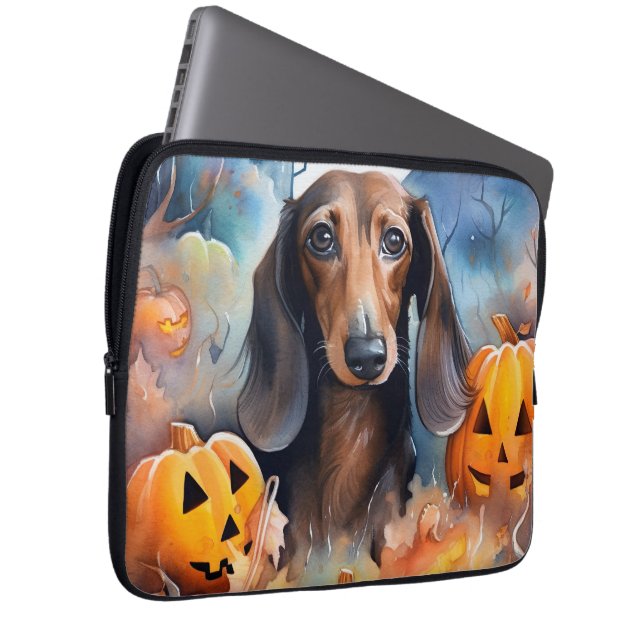 Funda Para Portátil Halloween de Dachshund con calabazas aterradoras (Anverso derecho)