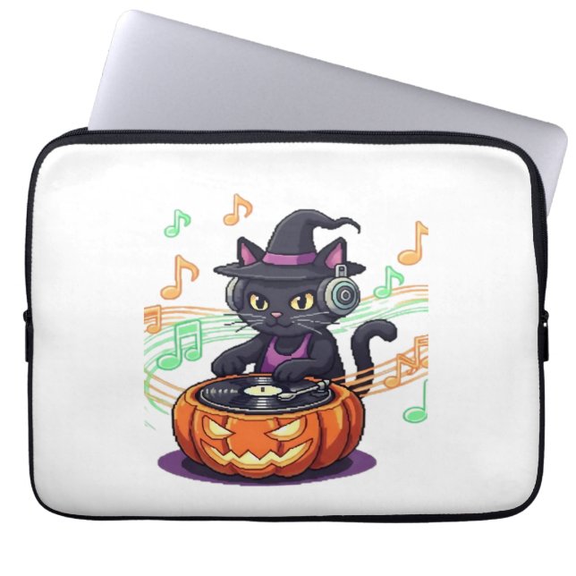 Funda Para Portátil Halloween del gato Dj camiseta sobredimensionada (Frente)