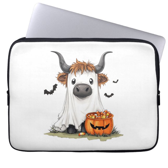 Funda Para Portátil Halloween Ghost Highland Cow PNG (Frente)