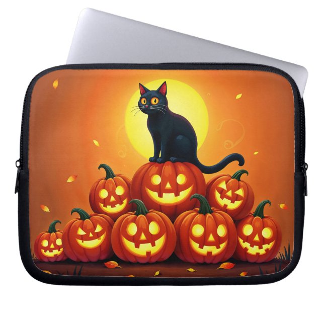 Funda Para Portátil Halloween lindo gato negro y linternas de Jack (Frente)
