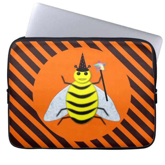 Funda Para Portátil Halloween Magic Bee Witch Naranja y Black Stripes (Frente)