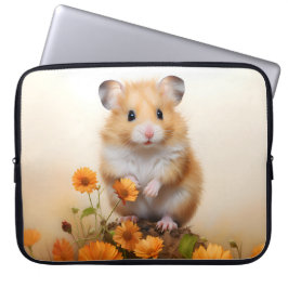 Funda Para Portátil Hamster entre flores Naranjas