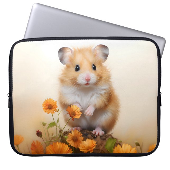 Funda Para Portátil Hamster entre flores Naranjas (Frente)