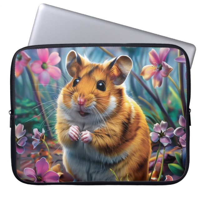 Funda Para Portátil Hámster entre las flores rosadas (Frente)