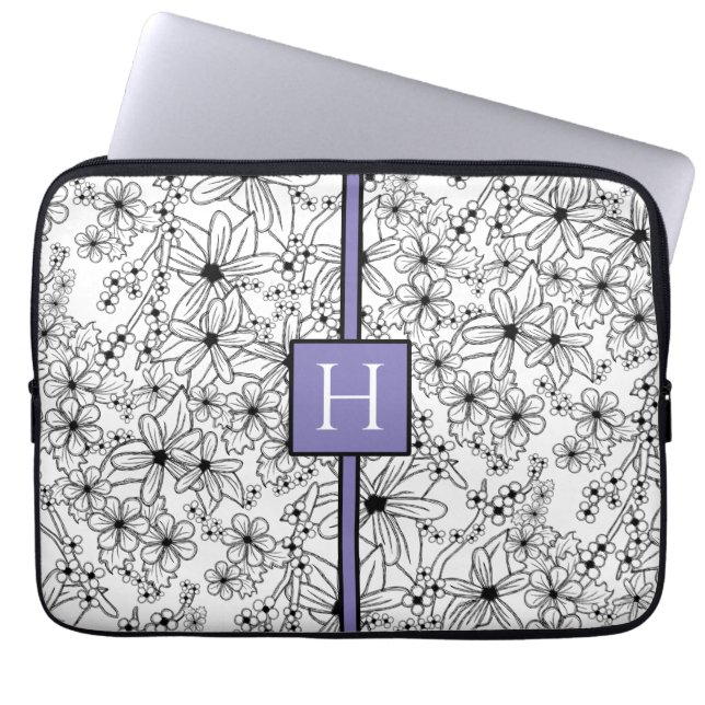 Funda Para Portátil Hand Drawn White Floral Pattern Purple Monogram (Frente)