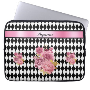 Funda Para Portátil Harlequin blanco negro con flor rosa y nombre