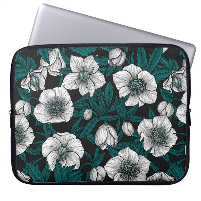 Funda Para Portátil Hellebores blancos con hojas azules (Frente)