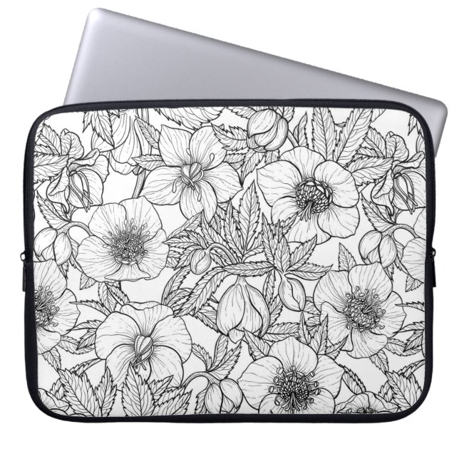 Funda Para Portátil Hellebores en blanco y negro (Frente)