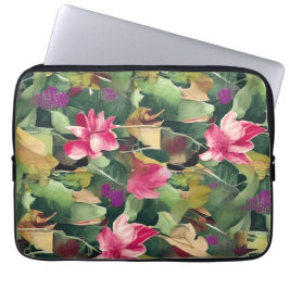 Funda Para Portátil Hermosa flor rosa y patrón de hoja tropical