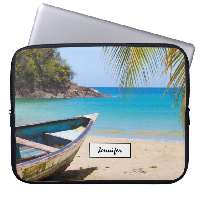 Funda Para Portátil Hermosa playa tropical con lancha (Frente)