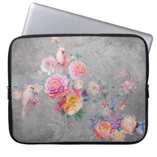 Funda Para Portátil Hermosas flores multicolores y pájaros en el cóncr