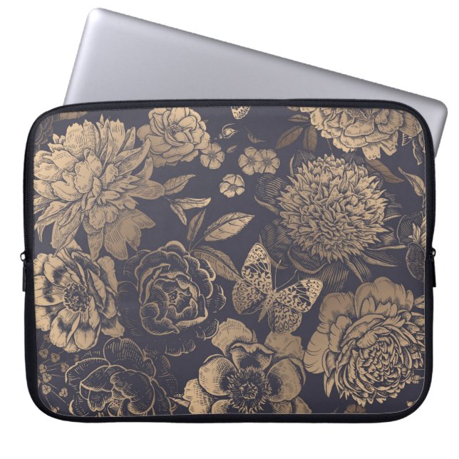 Funda Para Portátil Hermosas flores peonías, rosas y mariposas. (Frente)