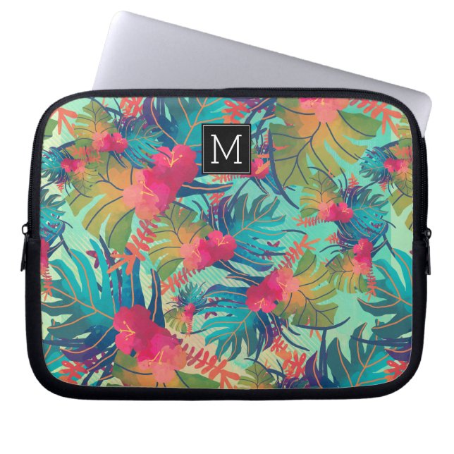 Funda Para Portátil Hermosas hojas tropicales monogramadas (Frente)