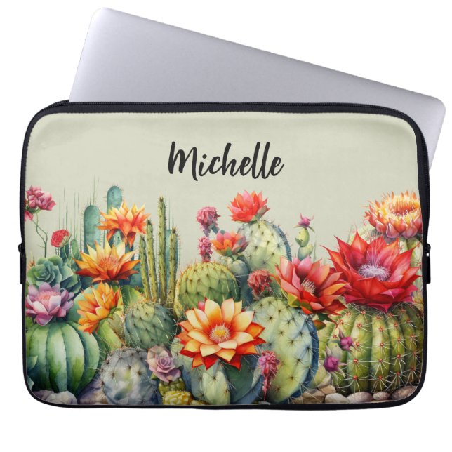 Funda Para Portátil Hermoso Cacti Floriente Con Nombre (Frente)