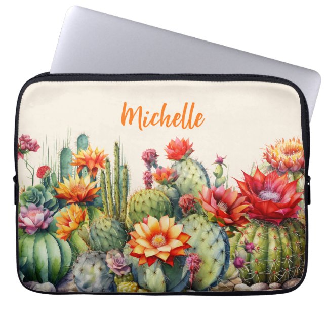 Funda Para Portátil Hermoso Cacti Floriente Con Nombre (Frente)