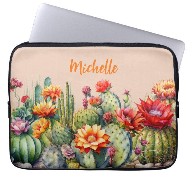 Funda Para Portátil Hermoso Cacti Floriente Con Nombre (Frente)