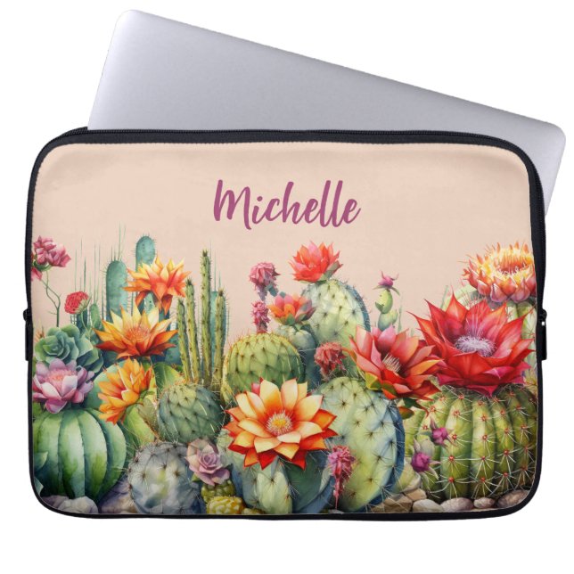 Funda Para Portátil Hermoso Cacti Floriente Con Nombre (Frente)