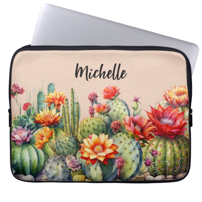 Funda Para Portátil Hermoso Cacti Floriente Con Nombre (Frente)
