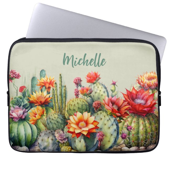 Funda Para Portátil Hermoso Cacti Floriente Con Nombre (Frente)