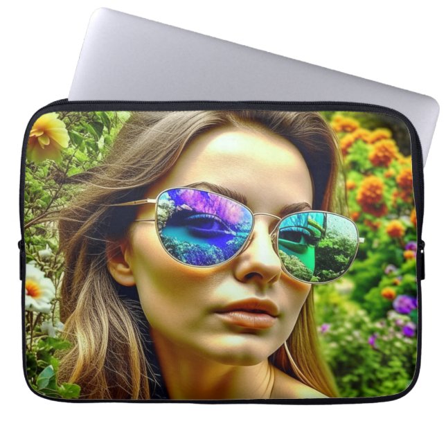 Funda Para Portátil Hermoso Chica con flores reflectantes de gafas de  (Frente)