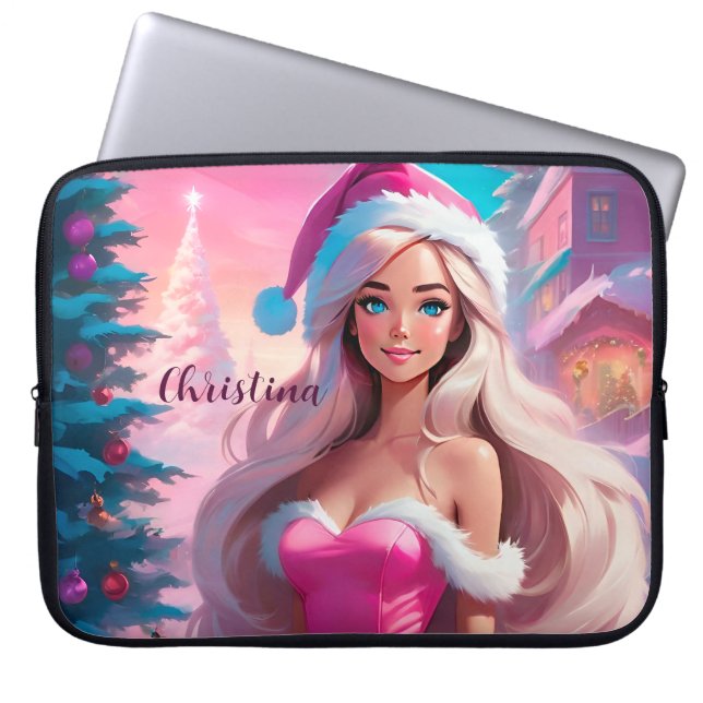 Funda Para Portátil Hermoso Chica de Navidades rosados 01 (Frente)