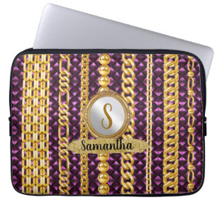 Funda Para Portátil Hermoso Monograma de Oro de Terciopelo Púrpura Ele