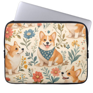 Funda Para Portátil Hermoso patrón de jardín floral de Corgi lindo
