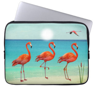 Funda Para Portátil Hermosos flamencos rosados en la playa
