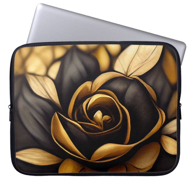 FUNDA PARA PORTÁTIL HERMOSOS ROSAS NEGROS Y ORO (Frente)