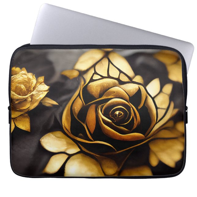 FUNDA PARA PORTÁTIL HERMOSOS ROSAS NEGROS Y ORO (Frente)