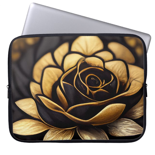 FUNDA PARA PORTÁTIL HERMOSOS ROSAS NEGROS Y ORO (Frente)