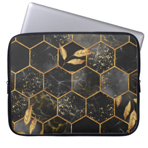 Funda Para Portátil Hexagón de Mármol, Textura de las hojas de oro.