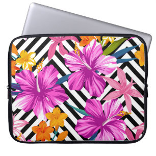 Funda Para Portátil hibisco tropical, hojas de palma, geométrico.