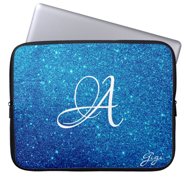 Funda Para Portátil Hip Purpurina azul personalizado Sparkles monogram (Frente)
