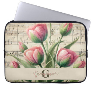 Funda Para Portátil Hoja de tulipanes rosados y verdes de monograma