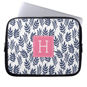 Funda Para Portátil Hojas azules y monograma rosado