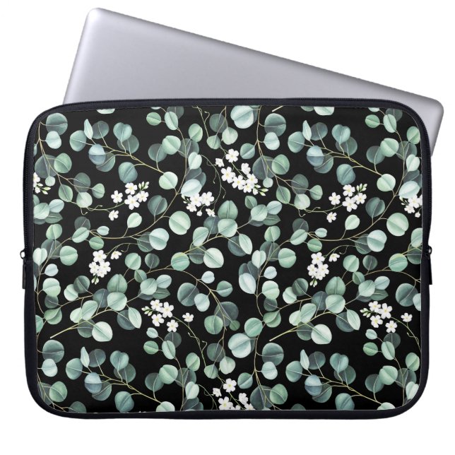 Funda Para Portátil Hojas de eucalipto: Patrón de flores blancas (Frente)
