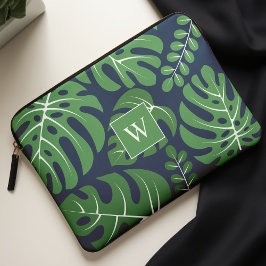 Funda Para Portátil Hojas monogramadas azul y verde