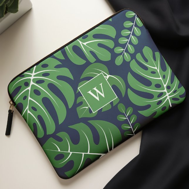 Funda Para Portátil Hojas monogramadas azul y verde (Subido por el creador)