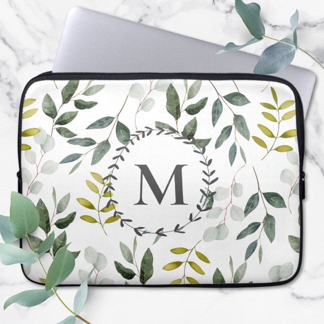 Funda Para Portátil Hojas tropicales de eucalipto verde monogramado (Subido por el creador)
