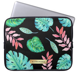 Funda Para Portátil Hojas tropicales de la acuarela en negro con falso