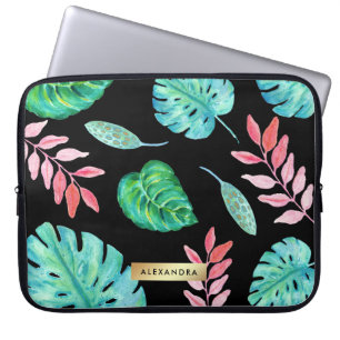 Funda Para Portátil Hojas tropicales de la acuarela en negro con falso